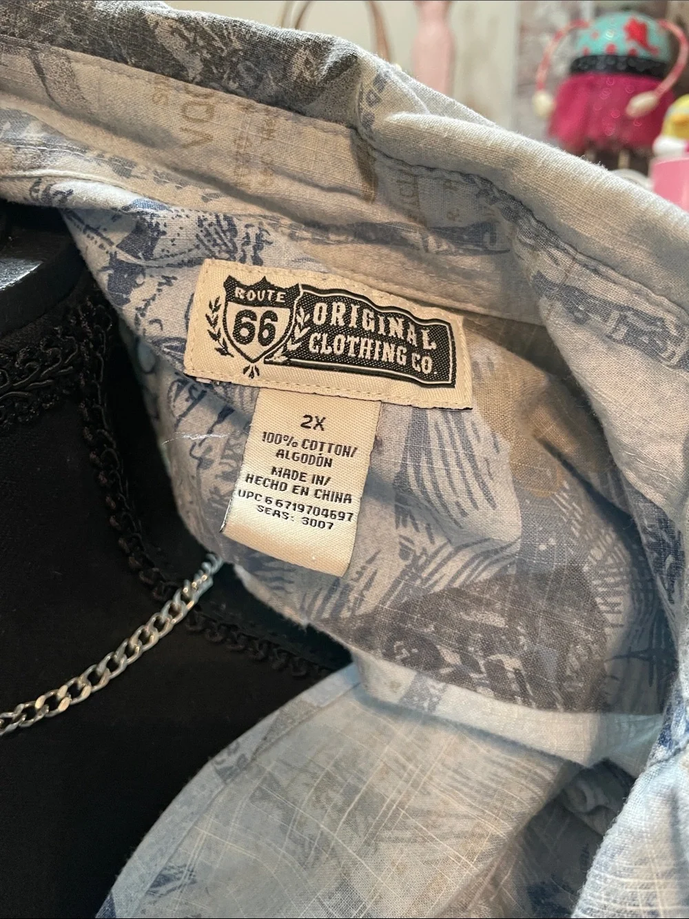 Route 66 Men’s Casual Button-Down Shirt in Light Blue and Navy Print